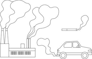 Coloring page with set of silhouettes of different man-made sources of air pollution. Illustrations for ecology classes with children. Man-made sources of carbon dioxide