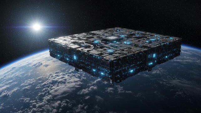 Futuristic alien cube ship hovering over earth with glowing blue energy lights, 3D render