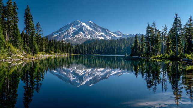 Majestic snow capped mountain reflected in serene blue lake surrounded by lush green forest reflection