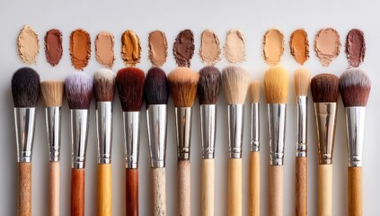 A flatlay showcasing a row of makeup powder swatches in diverse skin tones, accompanied by a collection of makeup brushes with wooden and metallic handles