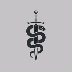 Serpent Wrapped Around Sword Symbolizing Power and Healing with a Dark Aesthetic on a Neutral Background