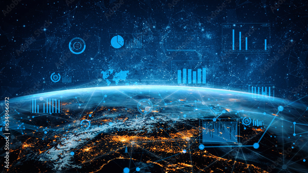 Poster this captivating image showcases a view of earth at night, surrounded by various data visualizations