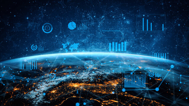 This captivating image showcases a view of Earth at night, surrounded by various data visualizations symbolizing advancements in technology and connectivity. Xenic