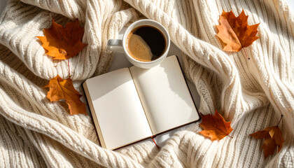 Close-up of a notebook and steaming cup of coffee near a window with autumn scenery, calm and cozy fall atmosphere, peaceful seasonal moment