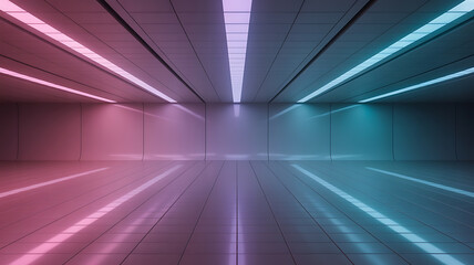 Empty futuristic space, neon pink and teal lights.
