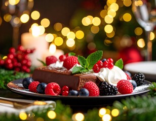 Delicious cheesecake and chocolate cake topped with fresh berries on a plate