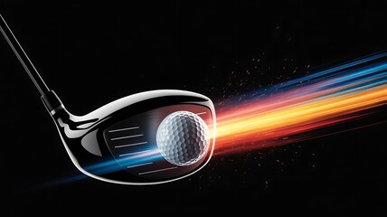 Golf club striking ball with fiery speed trails