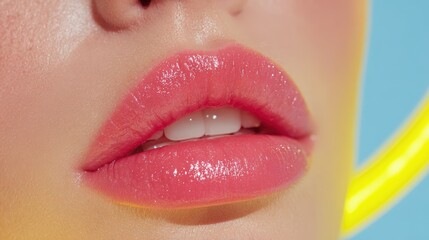 Obraz premium Macro view of light lips coated in translucent lip balm against vibrant background