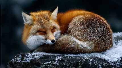 Sleeping fox with thick fur curled on snowy rock image