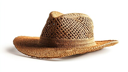 Isolated on white background ultra-realistic sunhat woven with translucent threads revealing micro-embroidered emotional icons 