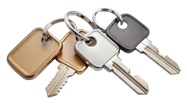 Bunch of keys with different metal finishes isolated on transparent background