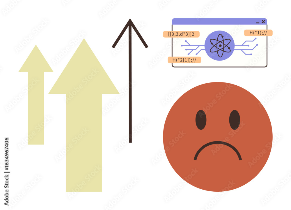 Poster three arrows indicating upward movement, a science-related interface with calculations, and a sad fa