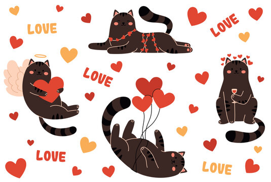 Set of black cats for Valentine's Day. Flat vector illustration.