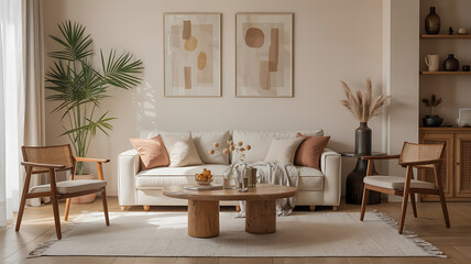 Beige living room with natural elements and minimalist art.
