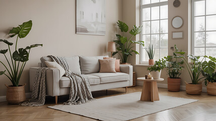 Light beige living room with plants, a gray couch, and a wooden coffee table.
