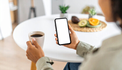 Close-up of woman’s hands holding breakfast and smartphone, multitasking morning routine, back to work preparation

