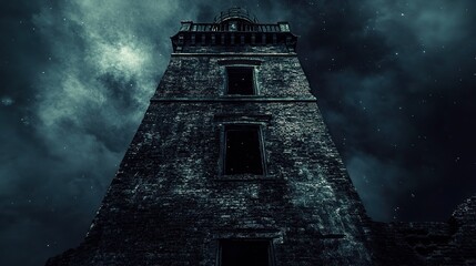 looking up vertically at a old distressed brick built, lighthouse against a dark sky with stars, 