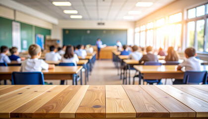 Empty classroom desk with blurred students sitting in the background, space for copy or product placement, back to school concept

