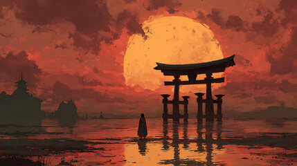 Solitary figure gazes at colossal moon behind torii gate and pagodas anime style digital painting