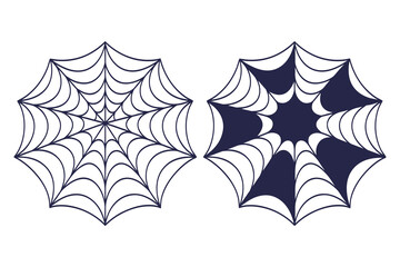 A minimalist set of two spiderweb icons, one in a clean outline style and one as a solid silhouette, perfect for Halloween graphic design.