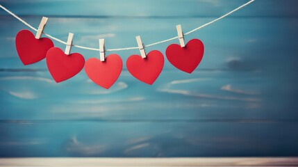 Cute hearts hanging on strings on isolated blue background. Valentine's Day background, Mother's day, birthday greeting cards, invitations, holiday concept.