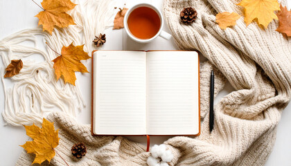 Top-down autumn flat lay with a cup of coffee, dried orange leaves, and a notebook on a rustic table, warm fall colors, cozy seasonal workspace, inviting and relaxed atmosphere

