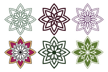A beautiful collection of six geometric star flower designs. Symmetrical eight-petal rosettes in various colors for decorative icons.