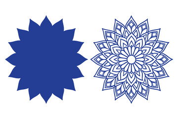 A beautiful intricate blue mandala flower and its solid silhouette shape, an ornamental circular pattern for decoration and design.
