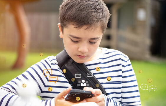 Teen boy hand using smart mobile phone with chat group friends,Gen Alpha or Teenager sharing content, sending text massages with Ai chat bot, social media icon technology communication with classmate