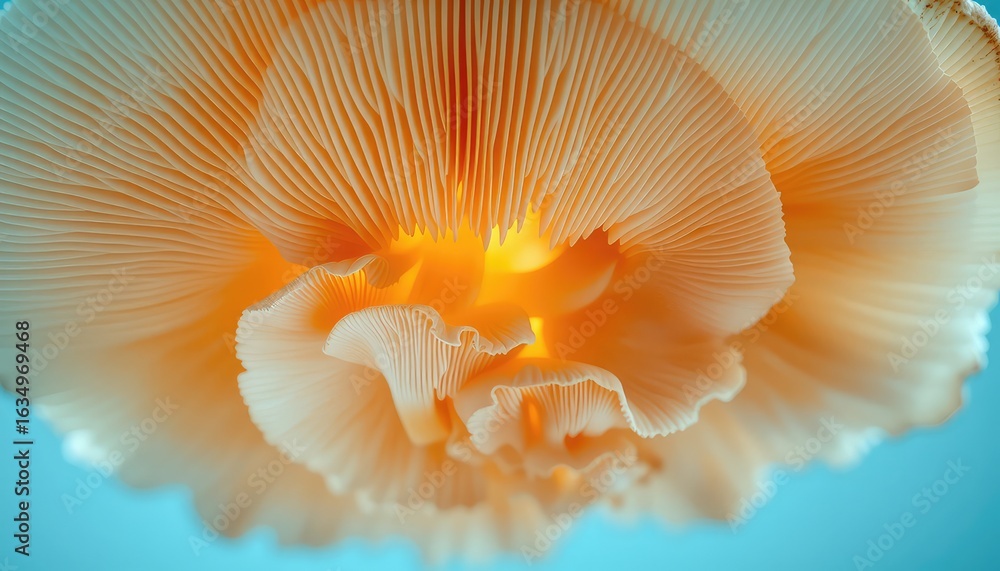 Poster delicate folds and patterns of a wild mushroom create an abstract design with a soft color palette o
