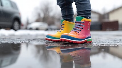 Colorful rain boots reflection in puddle on street
