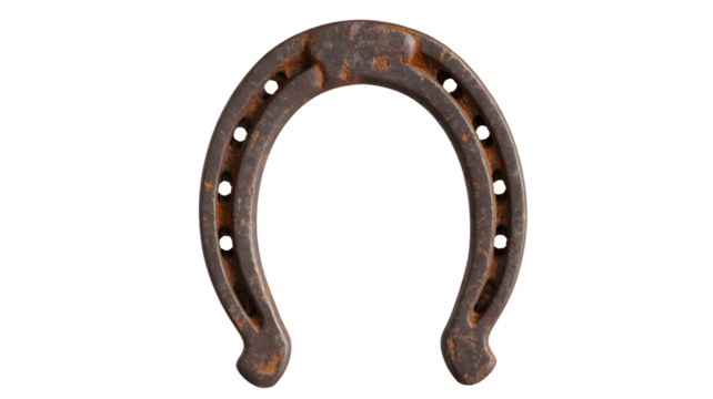 A single rusty horseshoe with visible nail holes isolated on a plain white background in a studio shot on transparent background