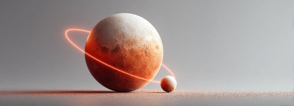 Realistic 3D Mars sphere with terracotta surface and Phobos connection