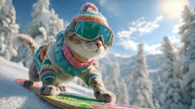 A colorful cat rides a snowboard in a winter wonderland