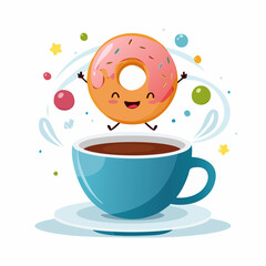 Happy donut jumping over coffee cup in cartoon style