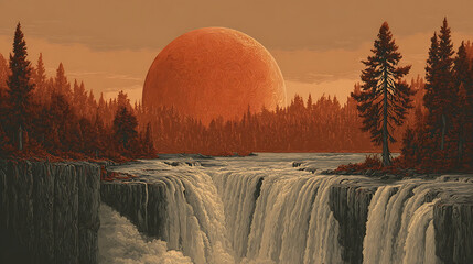 Majestic waterfall cascading through a dense forest under a colossal orange celestial body trees river