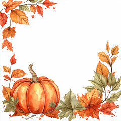 Watercolor clipart of pumpkins and autumn leaves forming a decorative border on white. Perfect for invitations, seasonal greeting cards, or fall-themed designs.