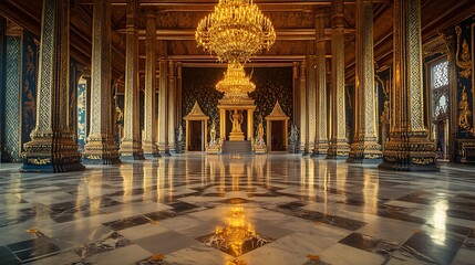 Grand hallway with ornate chandelier and reflective floor
