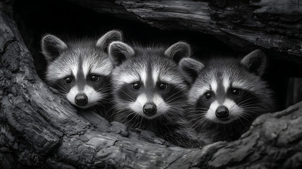 Obraz premium Three adorable baby raccoons peeking from a dark hollow log wildlife nature