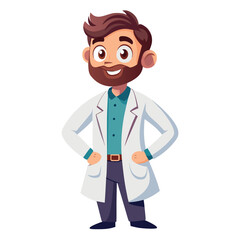 Cheerful Male Doctor with Beard in White Coat Standing Confidently With His Hands in His Pockets Ready to Help
