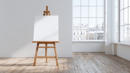 Blank Canvas On Wooden Easel In Bright Art Studio. Creative Space For Artistic Inspiration