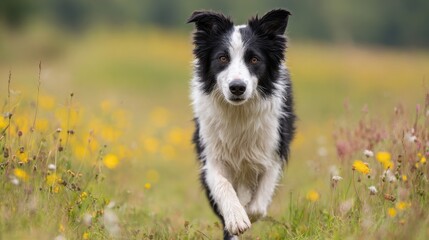 Border Collie Walking Through A Vibrant Meadow. Energetic Dog Enjoying Nature