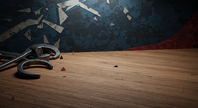 Dramatic Still Life of Forged Metal on Wood with Abstract Blue Wall