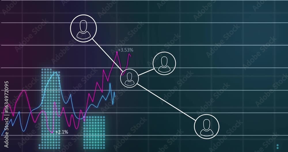 Poster grid appearing, user-icon network forming, line and bar charts animating, data trends visualizing