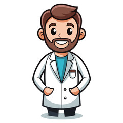 Fototapeta premium Cheerful Male Doctor with Beard in White Coat Standing Confidently With His Hands in His Pockets Ready to Help