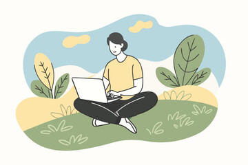 Fototapeta premium Person in yellow shirt using laptop outdoors computer 1
