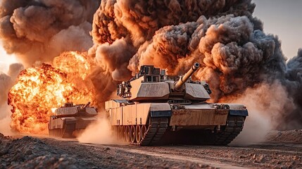 M1 abrams tank firing while advancing on battlefield during military operation