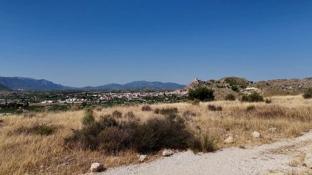 Panoramic drone view of the Mula orchard and the city with the castle in the background