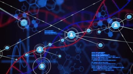 Single user icon appearing over code starting node linking and growing data network along DNA helix - Powered by Adobe