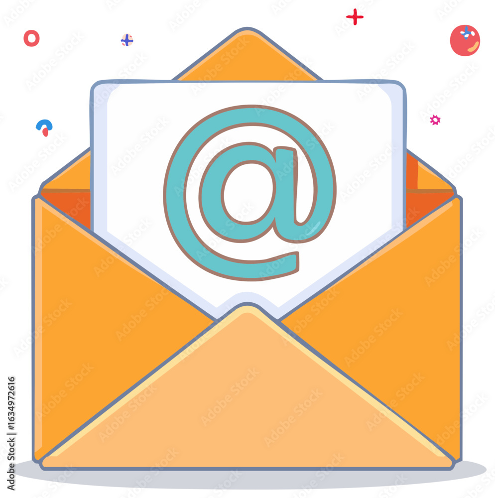 Poster email envelope with at symbol on paper and scattered decorative elements